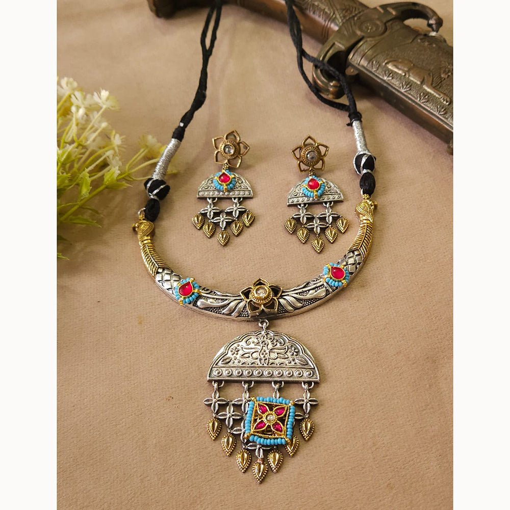 FS Collection Traditional Oxidised 2 Tone Necklace set with pota stone work