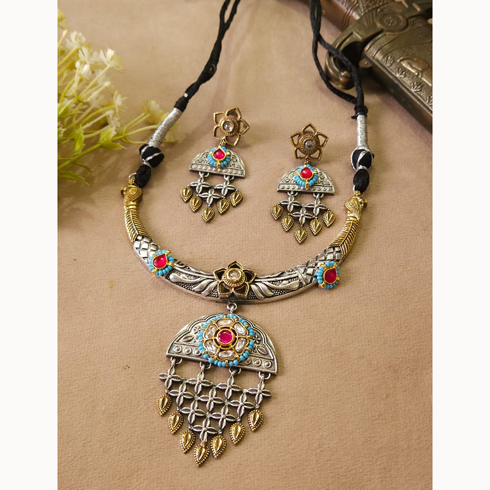 FS Collection Traditional Oxidised 2 Tone Necklace set with pota stone work