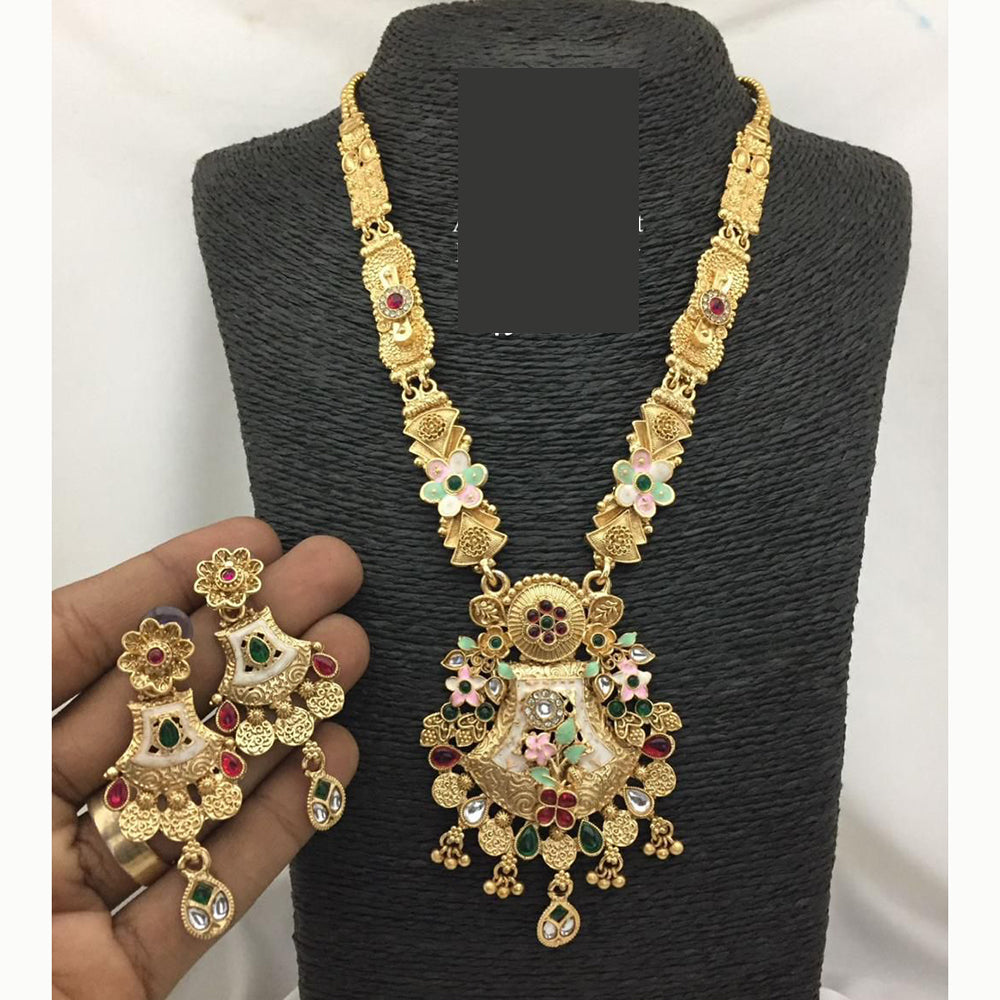 FS Collections Ethnic Meenakari Work Long Necklace Set with Pota and Pearls For Wedding