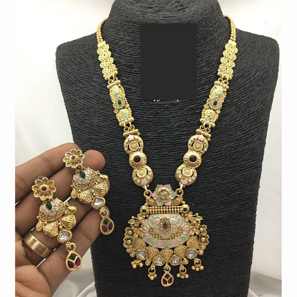 FS Collections Ethnic Meenakari Work Long Necklace Set with Pota and Pearls For Wedding