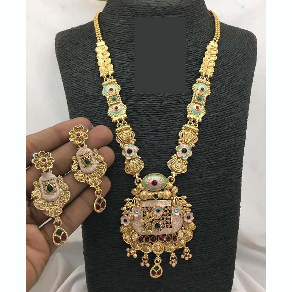 FS Collections Ethnic Meenakari Work Long Necklace Set with Pota and Pearls For Wedding