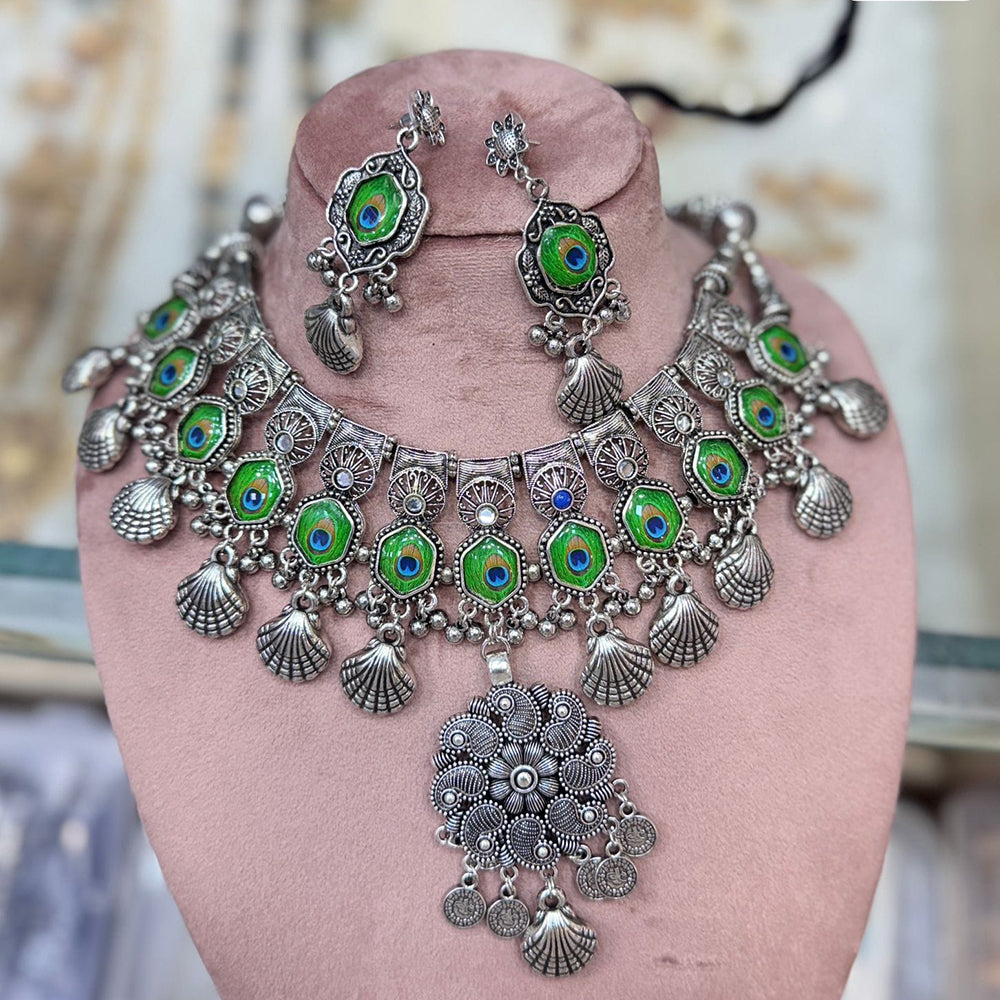FS Collection Designer Oxidised Plated Peacock Motif Necklace Set