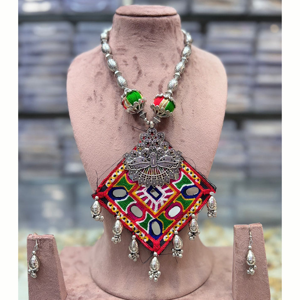 FS Collection Designer Oxidised Plated Mirror And Pom Pom Necklace Set