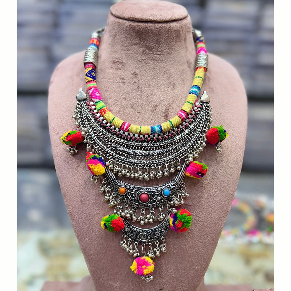 FS Collection Designer Oxidised Plated Mirror And Pom Pom Necklace Set