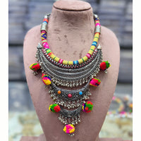 FS Collection Designer Oxidised Plated Mirror And Pom Pom Necklace Set