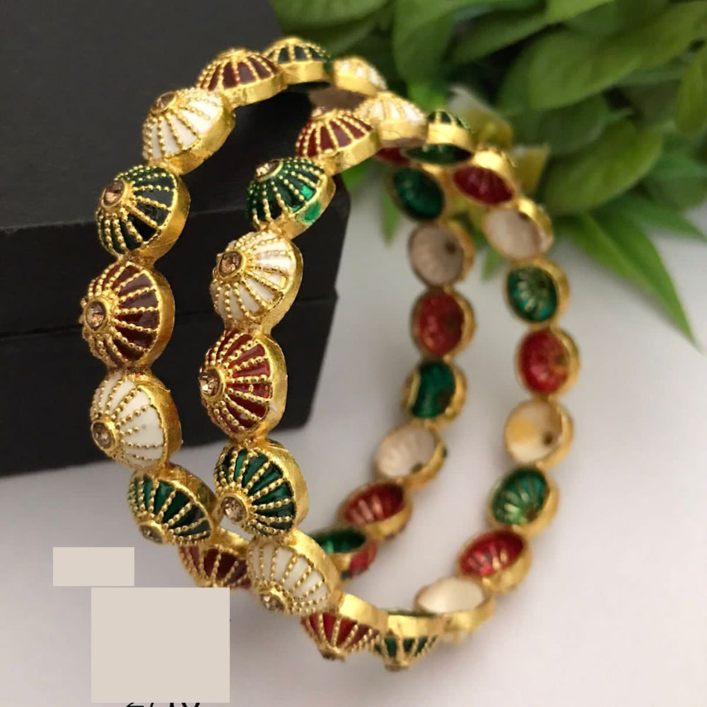 FS Collection Gold Plated Pota Stone And Meenakari Bangle Set