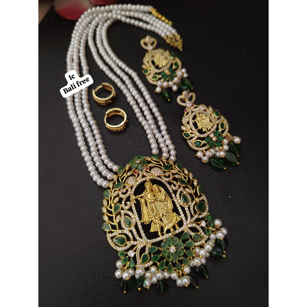 FS Collection Exquisite Crystal and Pearl Necklace Set Featuring a Beautiful Radha Krishna Image Pendant