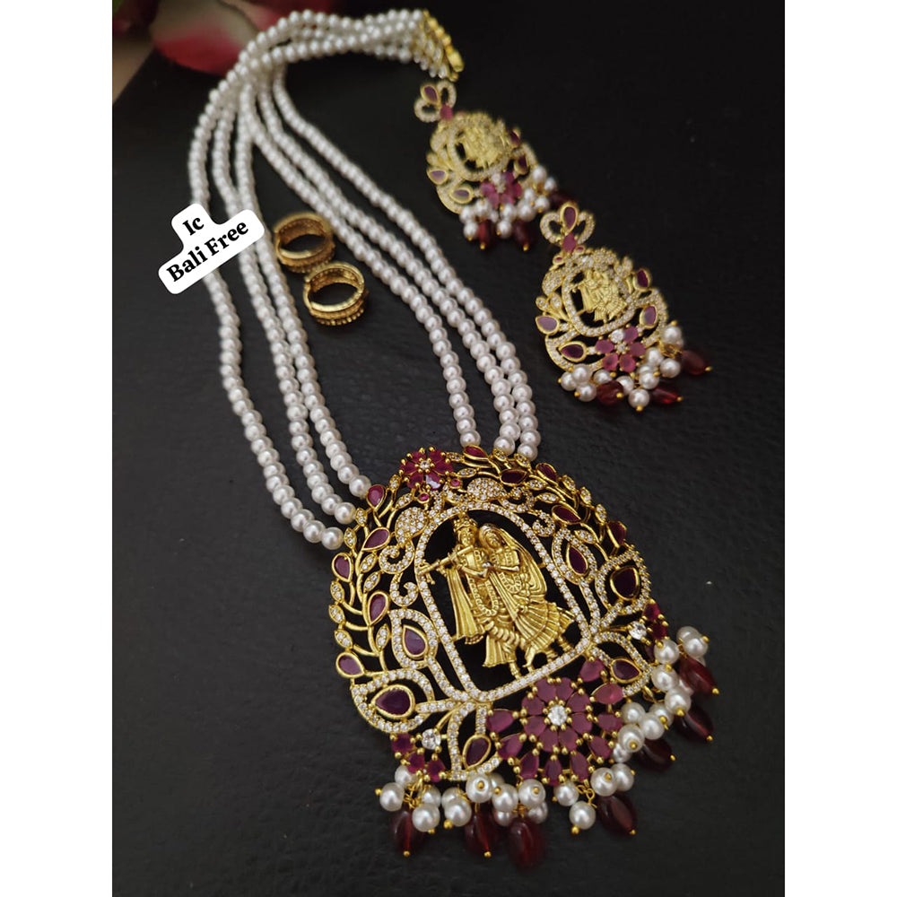 FS Collection Exquisite Crystal and Pearl Necklace Set Featuring a Beautiful Radha Krishna Image Pendant