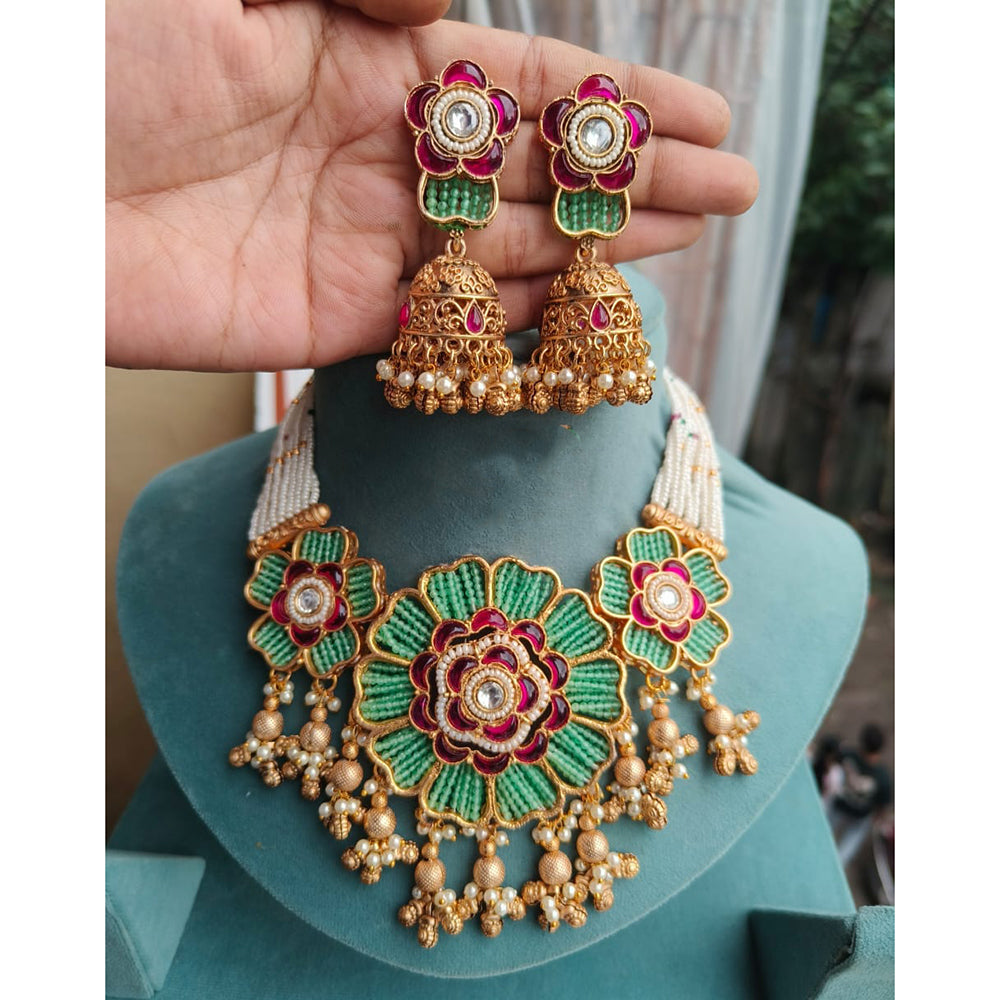 FS Collection Opulent Kundan and Pearl Choker Necklace Set with Matching Earrings