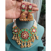 FS Collection Opulent Kundan and Pearl Choker Necklace Set with Matching Earrings
