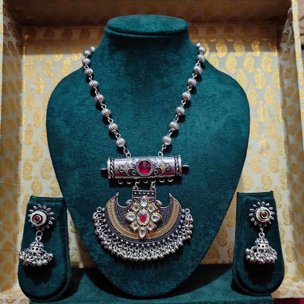 FS Collection Royal Oxidised Kundan Stone Silver Necklace Set Featuring Intricate Carvings