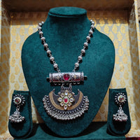 FS Collection Royal Oxidised Kundan Stone Silver Necklace Set Featuring Intricate Carvings