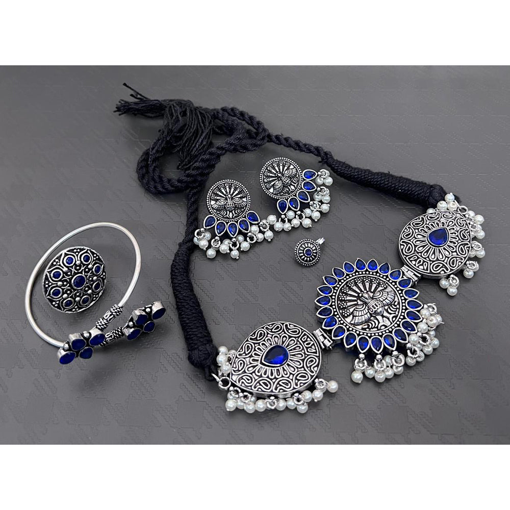 FS Collection Oxidised Plated Gleam Drop Pota And Pearl Necklace Set