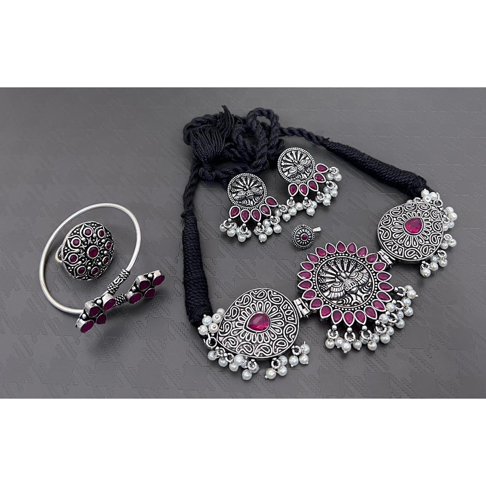 FS Collection Oxidised Plated Gleam Drop Pota And Pearl Necklace Set