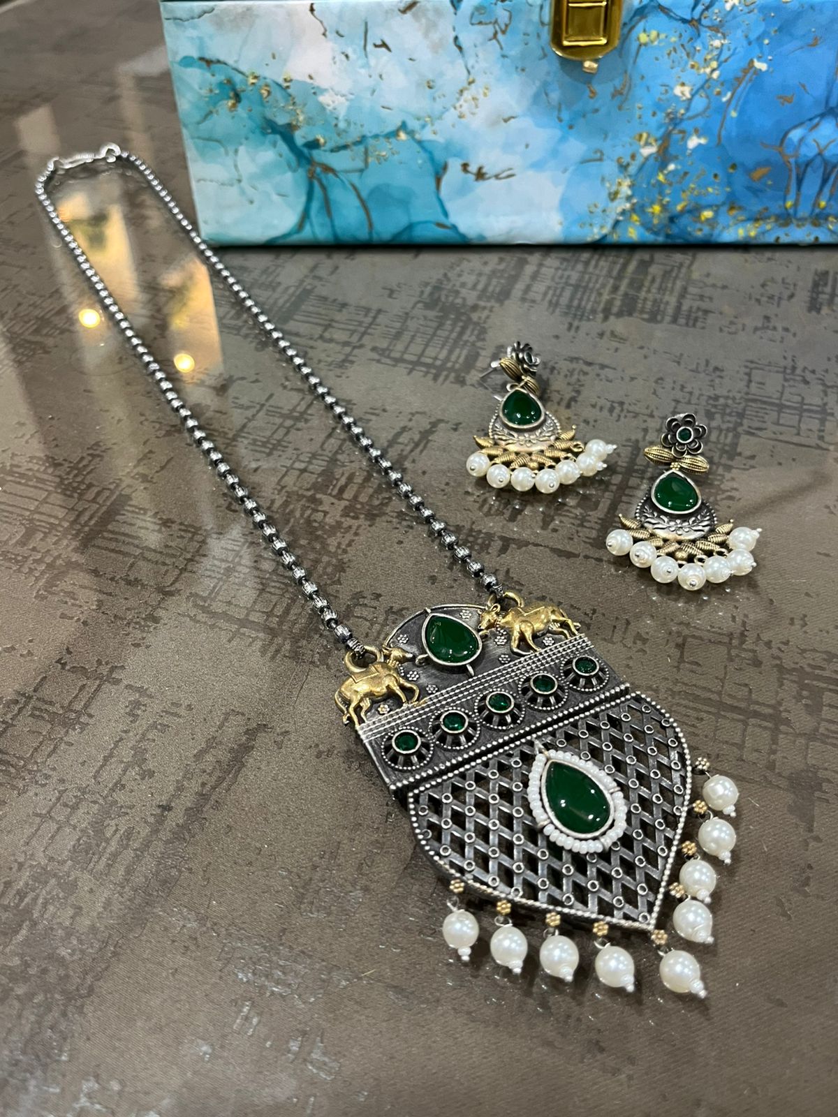 FS Collection Oxidised Plated Gleam Drop Pota And Pearl Long Necklace Set