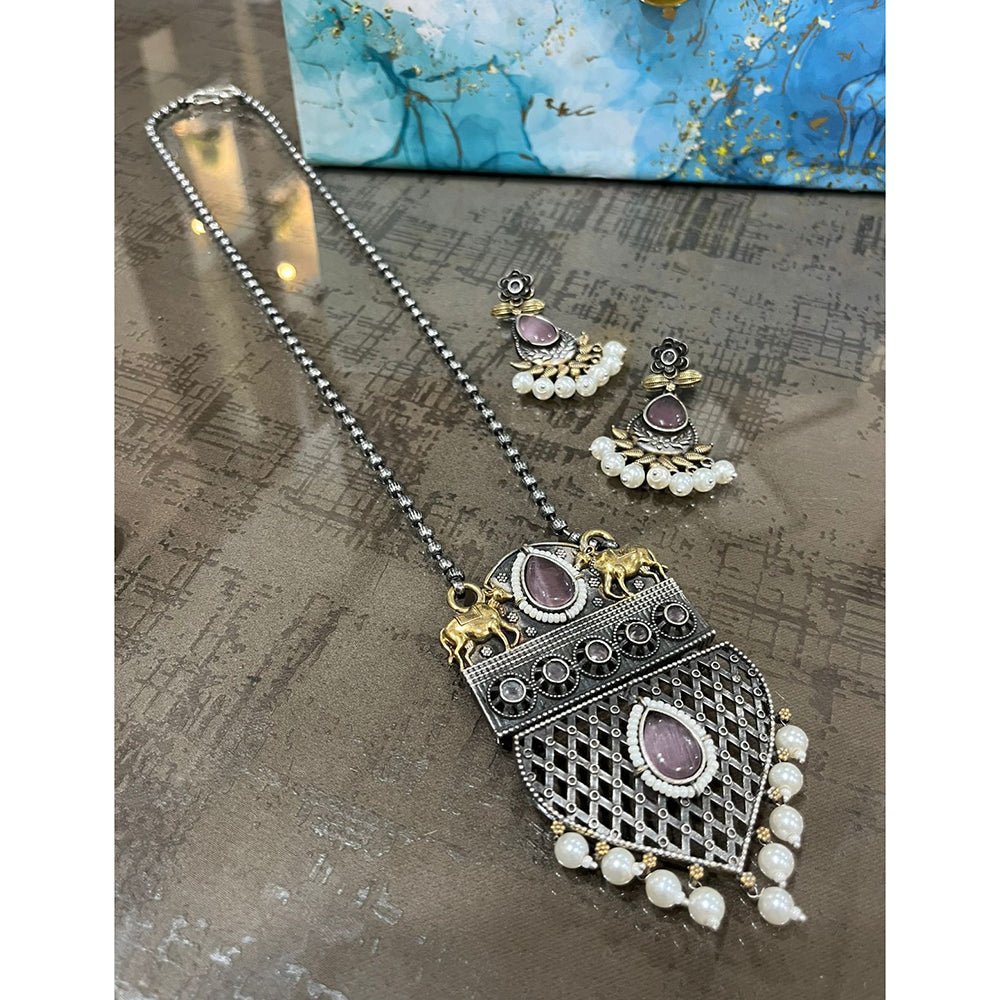 FS Collection Oxidised Plated Gleam Drop Pota And Pearl Long Necklace Set