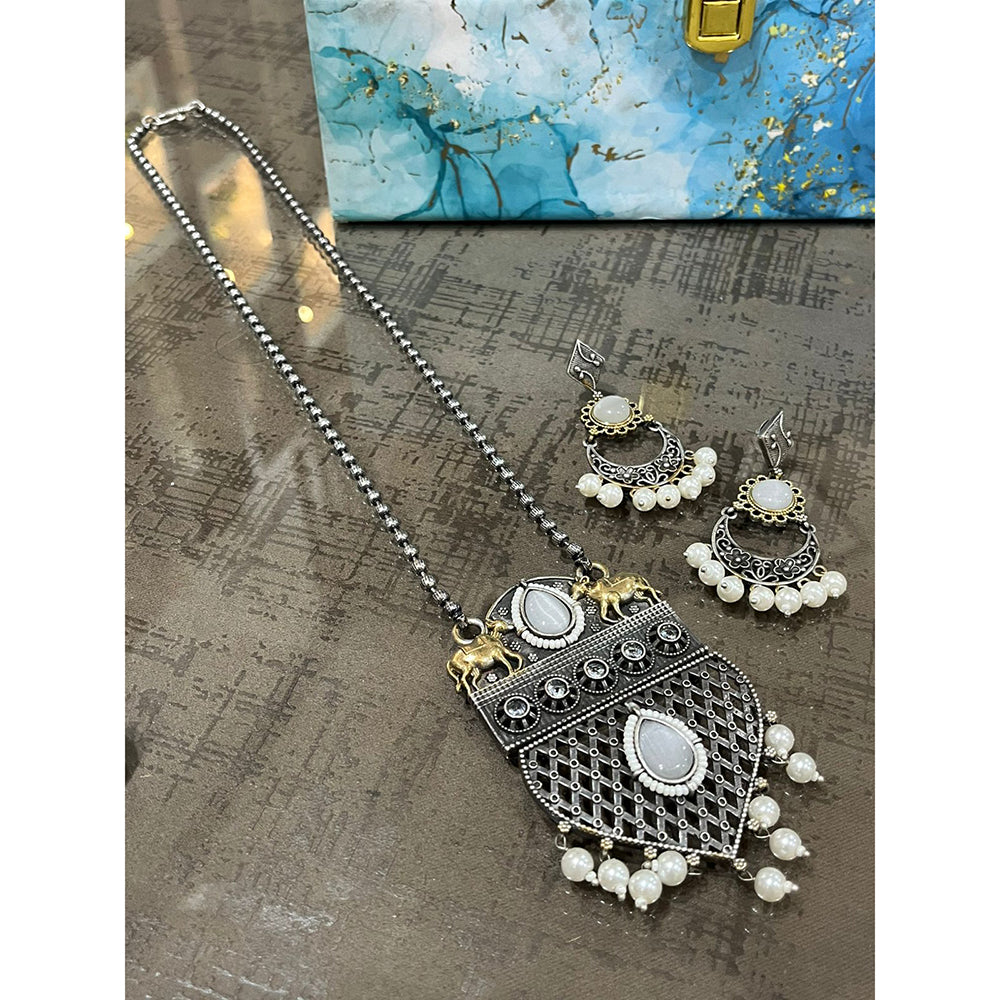 FS Collection Oxidised Plated Gleam Drop Pota And Pearl Long Necklace Set