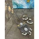 FS Collection Oxidised Plated Gleam Drop Pota And Pearl Long Necklace Set