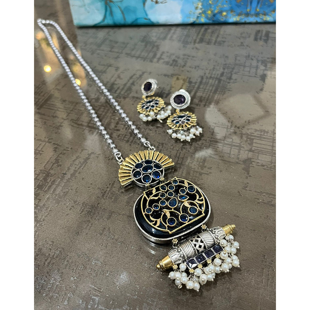 FS Collection Oxidised Plated Gleam Drop Pota And Pearl Long Necklace Set