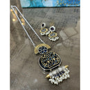 FS Collection Oxidised Plated Gleam Drop Pota And Pearl Long Necklace Set
