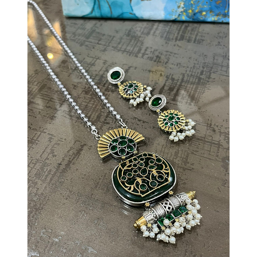 FS Collection Oxidised Plated Gleam Drop Pota And Pearl Long Necklace Set