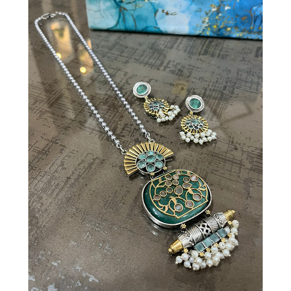 FS Collection Oxidised Plated Gleam Drop Pota And Pearl Long Necklace Set