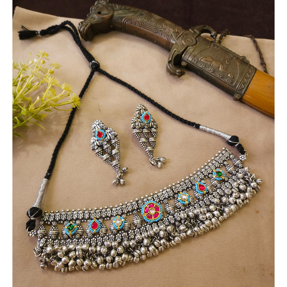 FS Collection Oxidised Plated Gleam Drop Pota Stone Necklace Set
