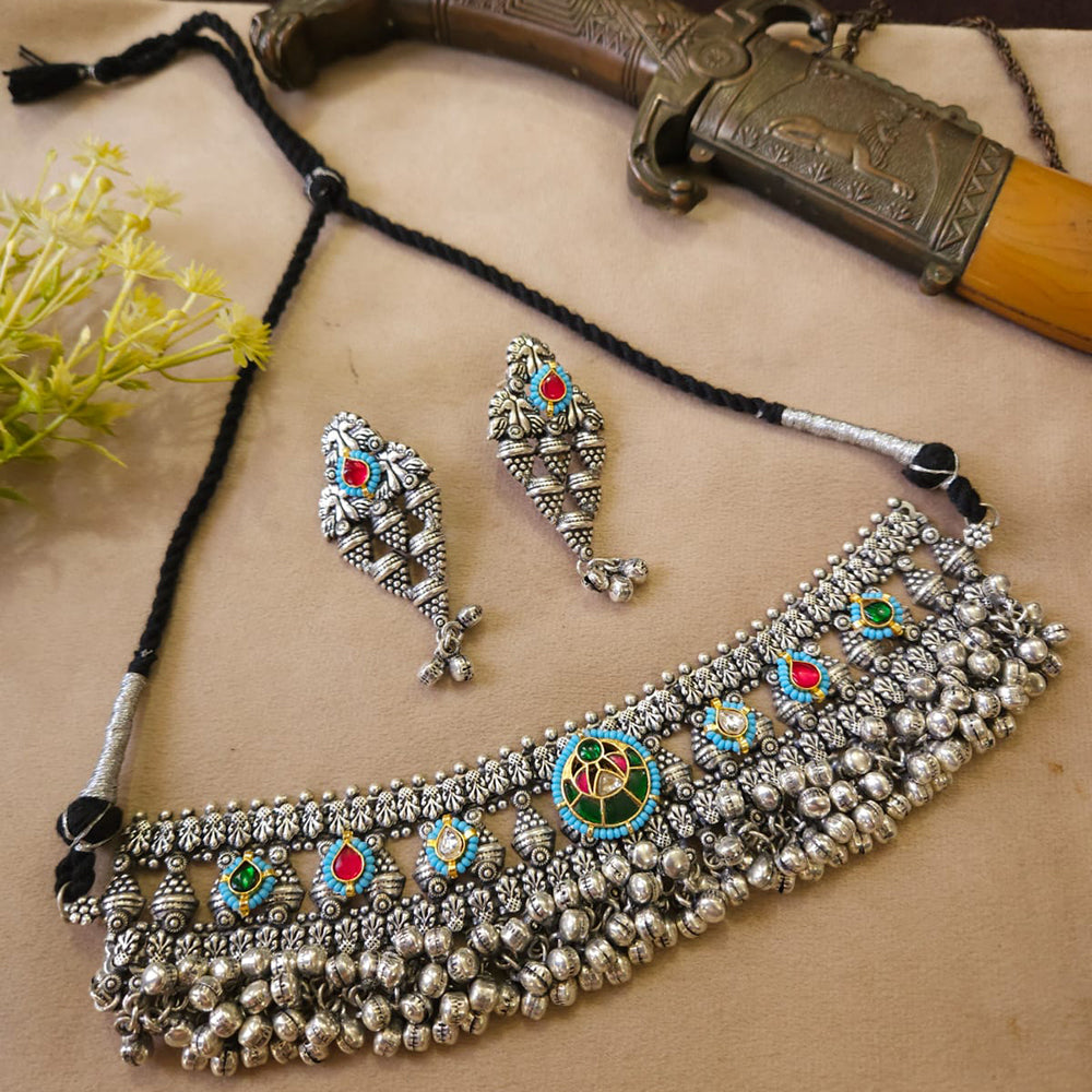 FS Collection Oxidised Plated Gleam Drop Pota Stone Necklace Set
