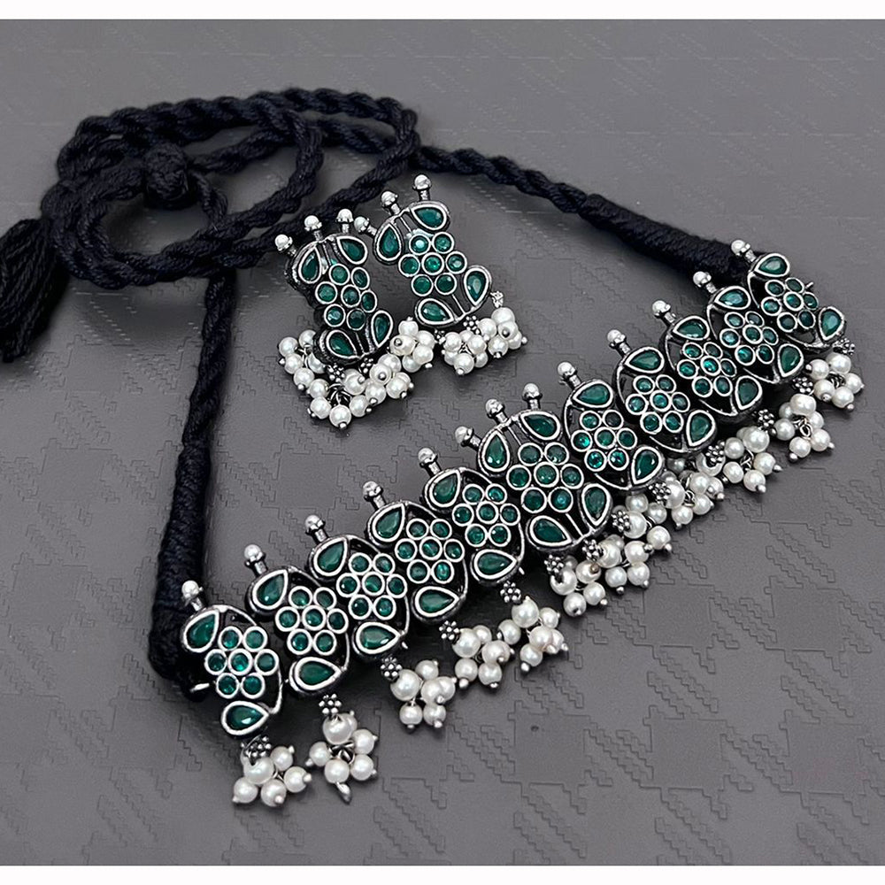 FS Collection Royal Oxidised Plated Pota Stone And Pearl Necklace Set