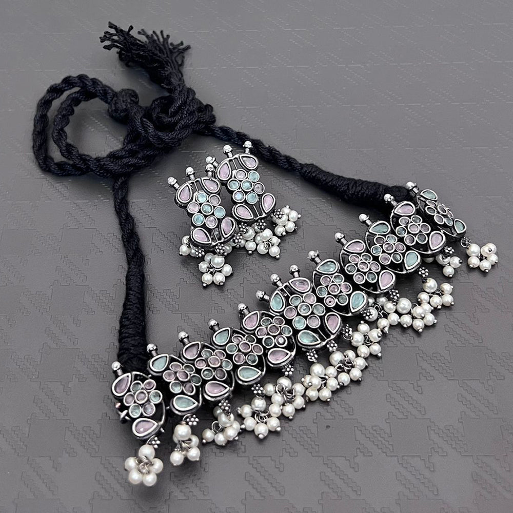 FS Collection Royal Oxidised Plated Pota Stone And Pearl Necklace Set