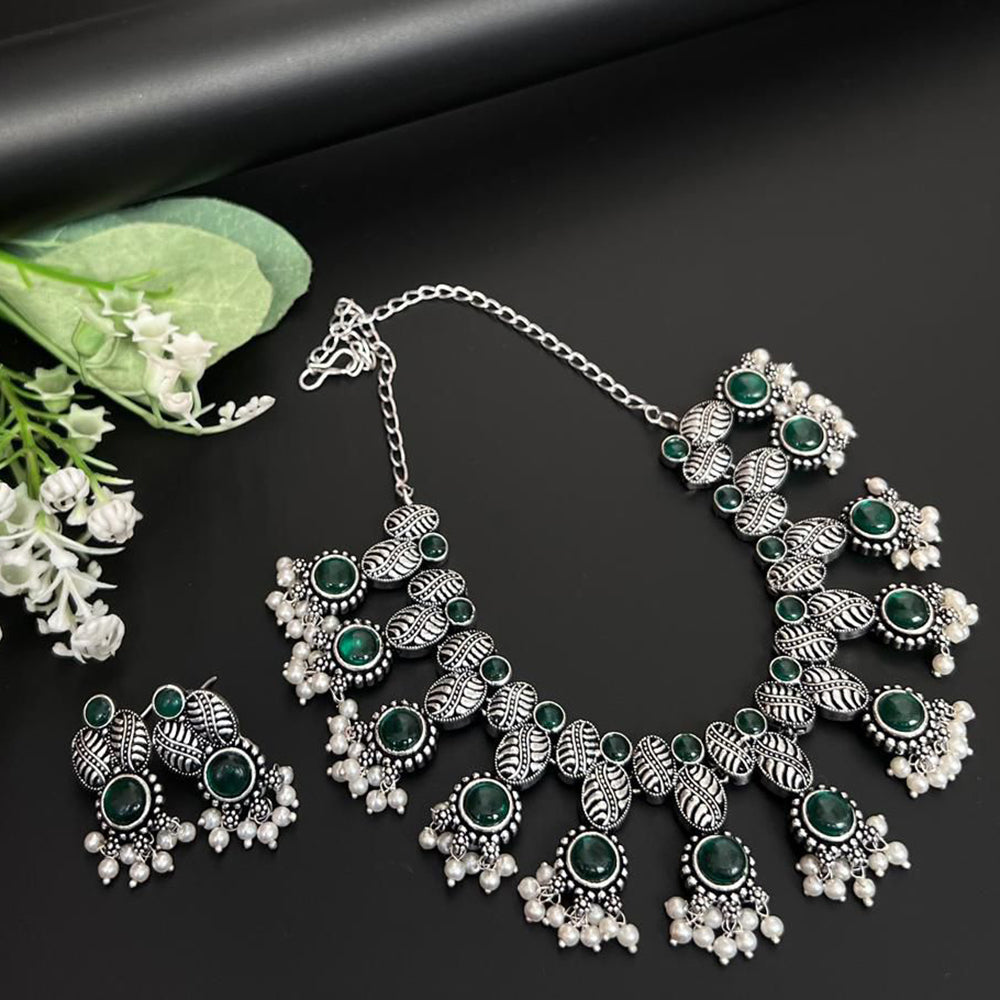 FS Collection Royal Oxidised Plated Pota Stone And Pearl Necklace Set
