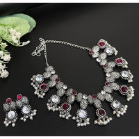 FS Collection Royal Oxidised Plated Pota Stone And Pearl Necklace Set