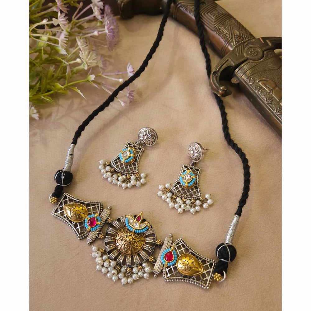 FS Collection Classic 2 Tone Plated Pota Stone And Pearl Choker Necklace Set