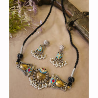 FS Collection Classic 2 Tone Plated Pota Stone And Pearl Choker Necklace Set