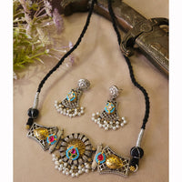 FS Collection Classic 2 Tone Plated Pota Stone And Pearl Choker Necklace Set