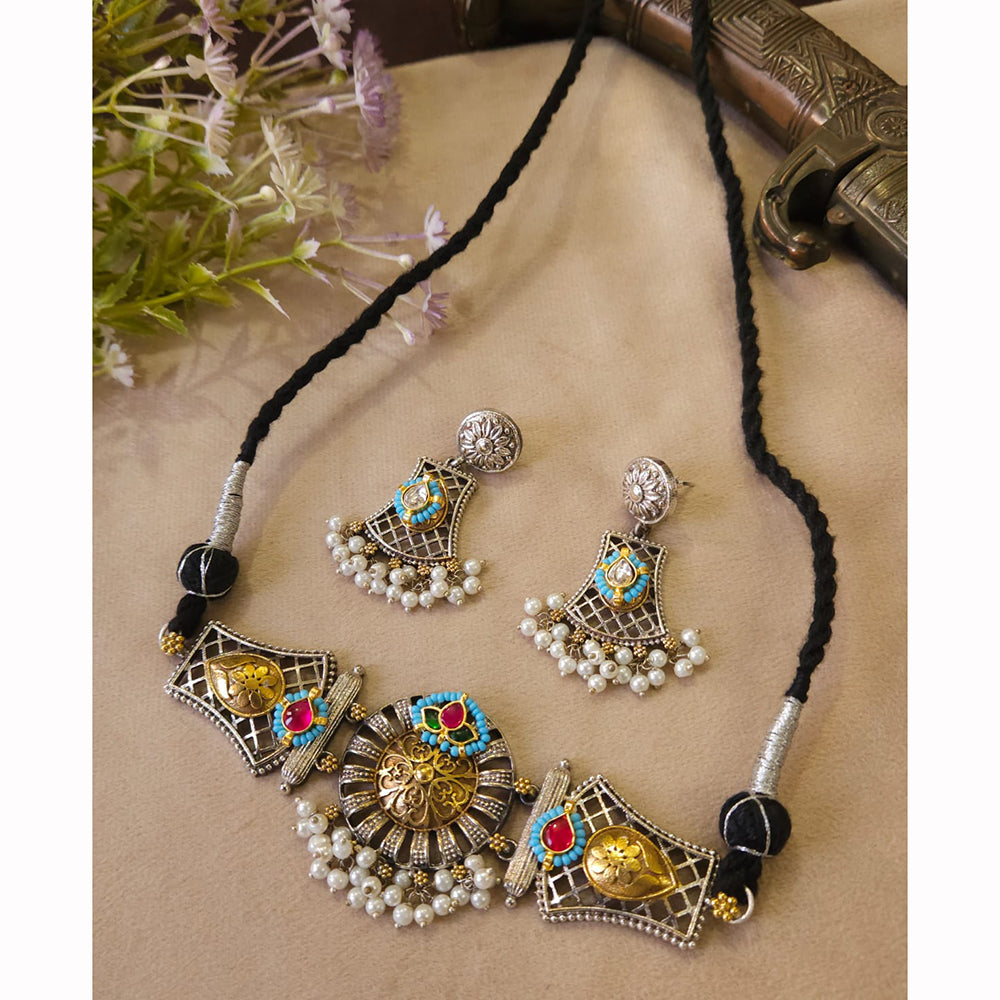 FS Collection Classic 2 Tone Plated Pota Stone And Pearl Choker Necklace Set