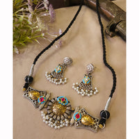 FS Collection Classic 2 Tone Plated Pota Stone And Pearl Choker Necklace Set