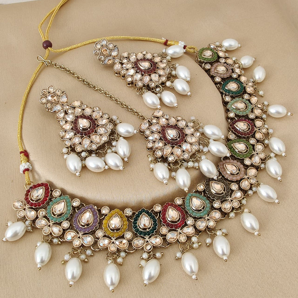FS Collection Elegant Crystal Stone Pearl Necklace Set