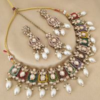 FS Collection Elegant Crystal Stone Pearl Necklace Set
