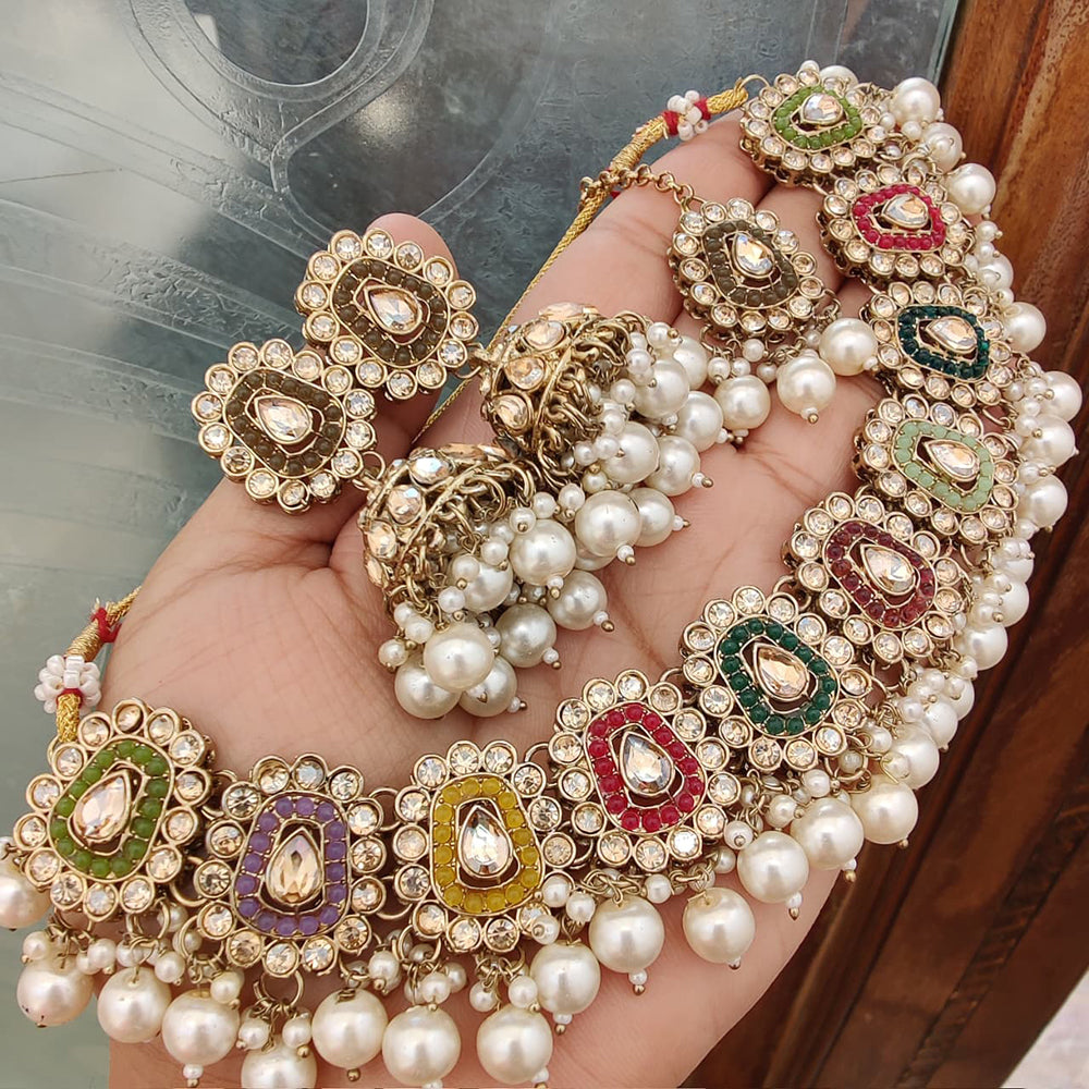 FS Collection Elegant Crystal Stone Pearl Necklace Set