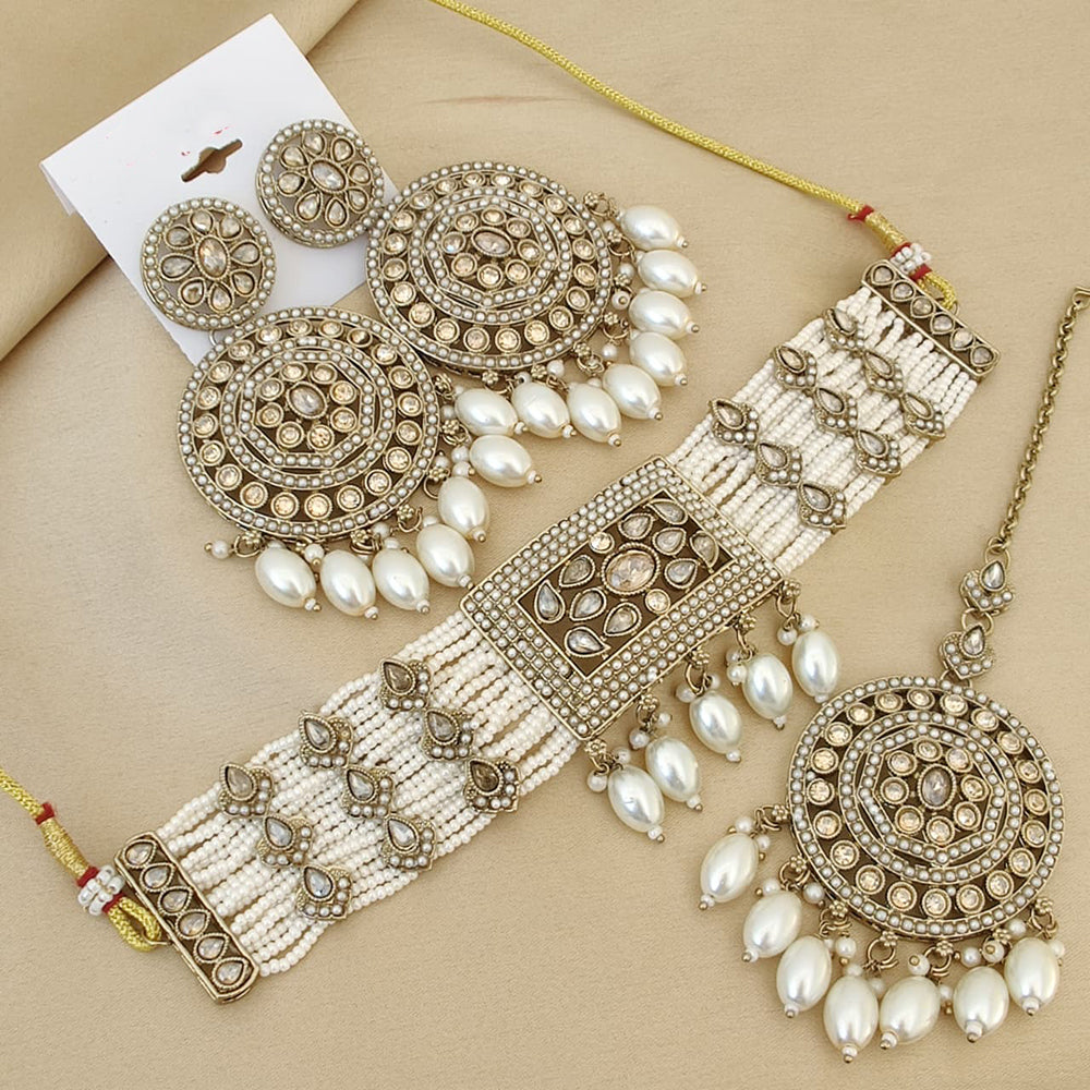 FS Collection Elegant Crystal Stone Pearl Choker Necklace Set