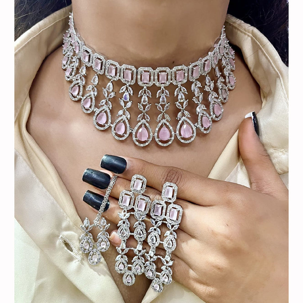 FS Collection Glam American Diamond Shine Choker Necklace Set