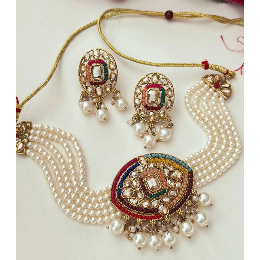 FS Collection Trendy Crystal And Pearl Statement Choker Necklace Set