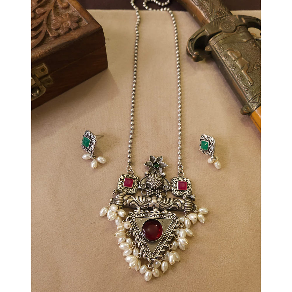 FS Collection Stylish Oxidised Plated Pota Stone And Pearl Long Necklace Set
