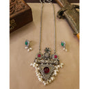 FS Collection Stylish Oxidised Plated Pota Stone And Pearl Long Necklace Set 