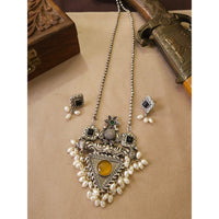 FS Collection Stylish Oxidised Plated Pota Stone And Pearl Long Necklace Set