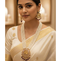 FS Collection Trendy Austrain Stone And Pearl Statement Long Necklace Set