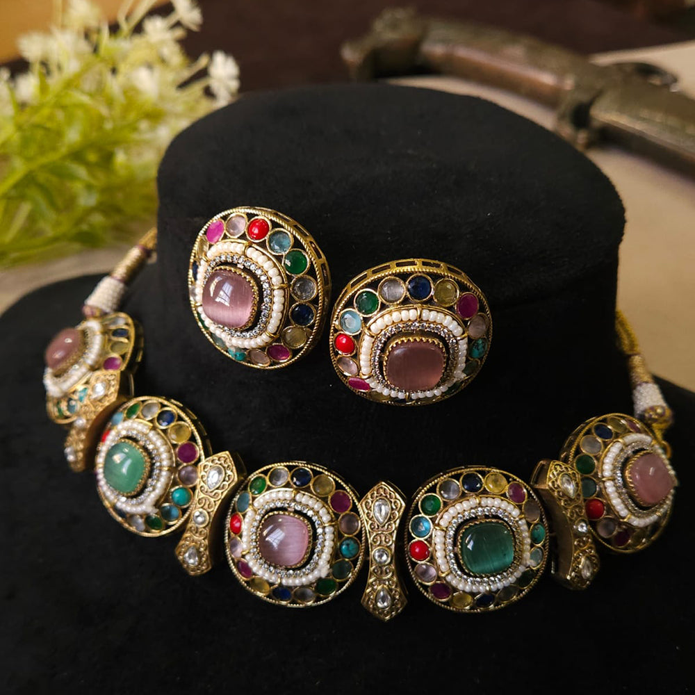 FS Collection Trendy Pota Stone And Pearl Choker Necklace Set