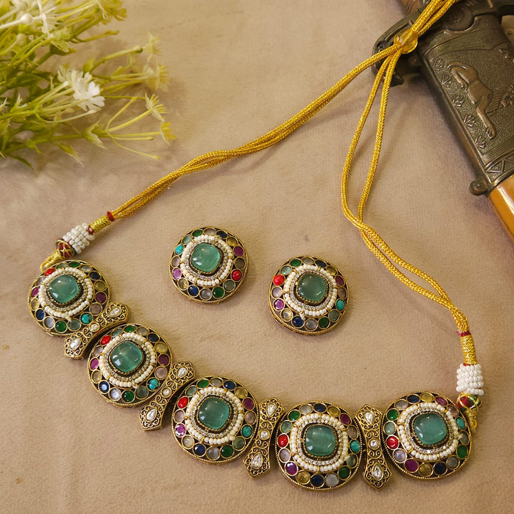 FS Collection Trendy Pota Stone And Pearl Choker Necklace Set