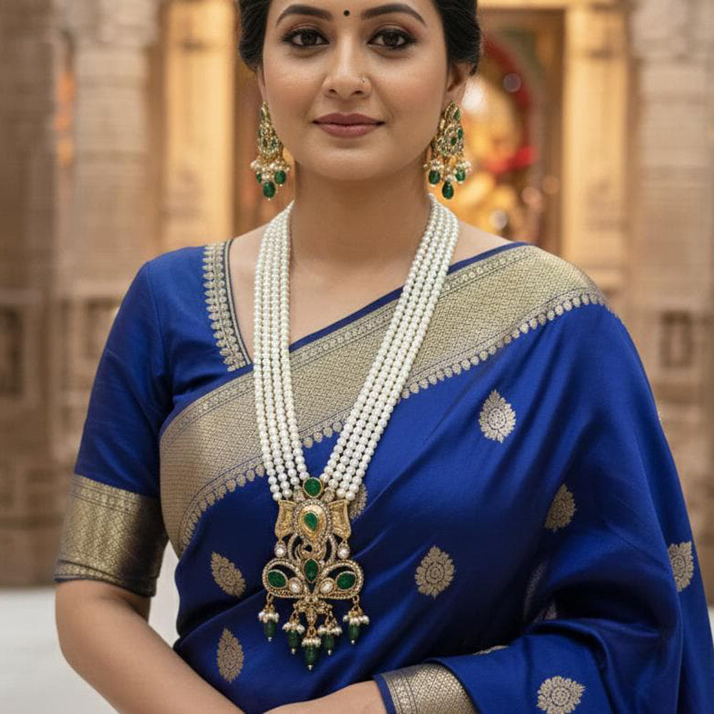 FS Collection Designer Kundan Stone And Pearl Long Necklace Set